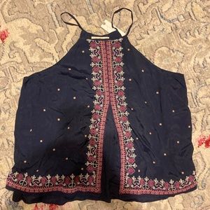 Anthropologie top in navy with embroidery